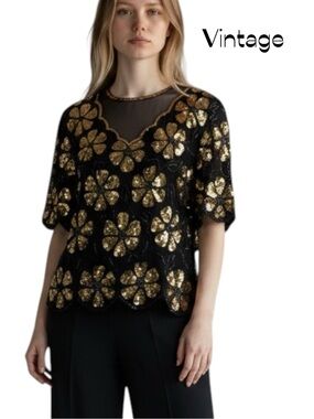 Vintage Stenay Sheer Black Beaded Sequined Pure Silk Formal Party Top Size S